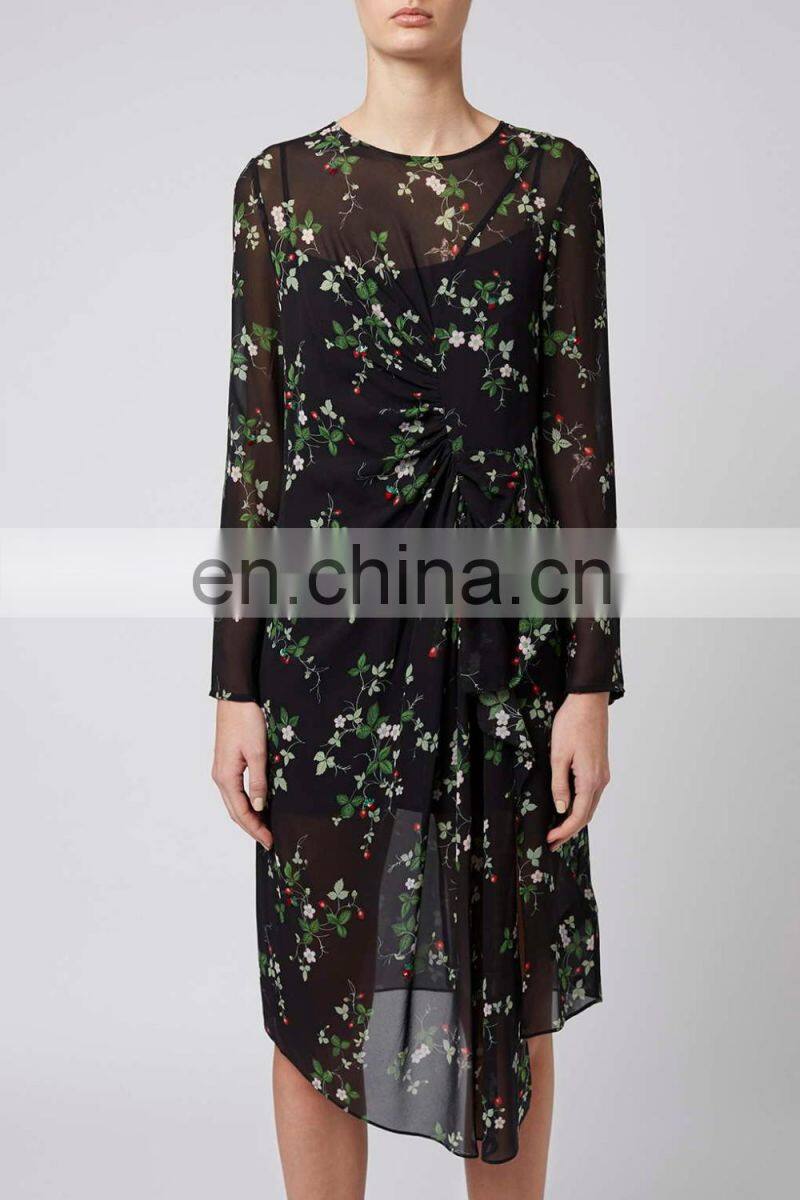 Round neck Floral printed chiffon printed dress with ruffled details