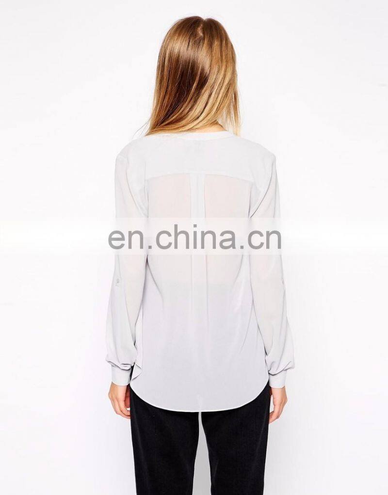 Grey color drape neck new style top for girls with chiffon material