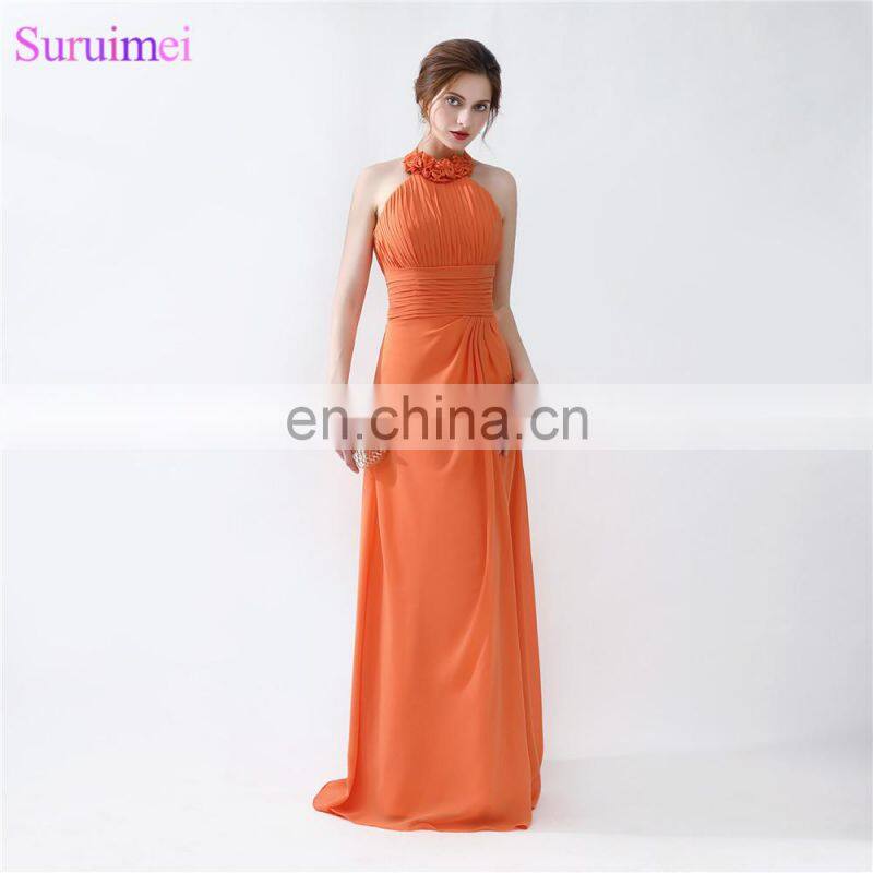 Orange Bridesmaid Dresses Floor Length Pleated Peach Color Chiffon On Sale Halter Bridesmaid Dresses