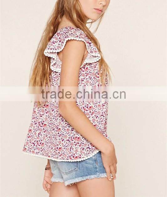 Wholesale boutique clothing china kids floral print crochet trim tops