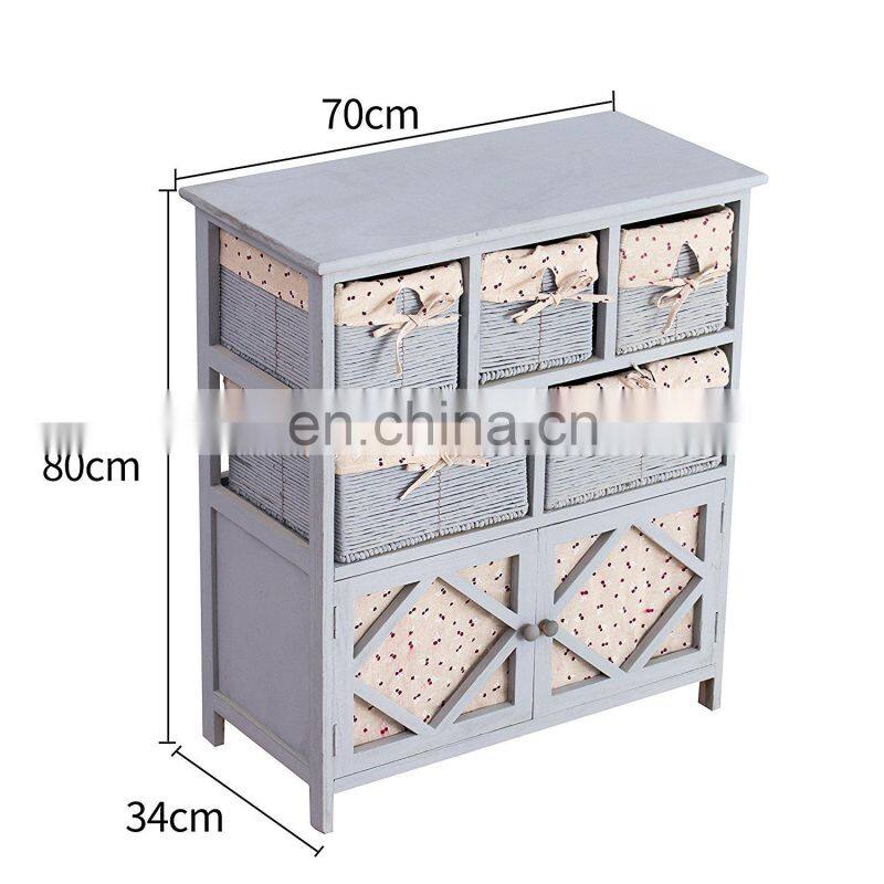 Grey Paulownia Solid Wood Sideboard Drawer Chest with Wicker Baskets
