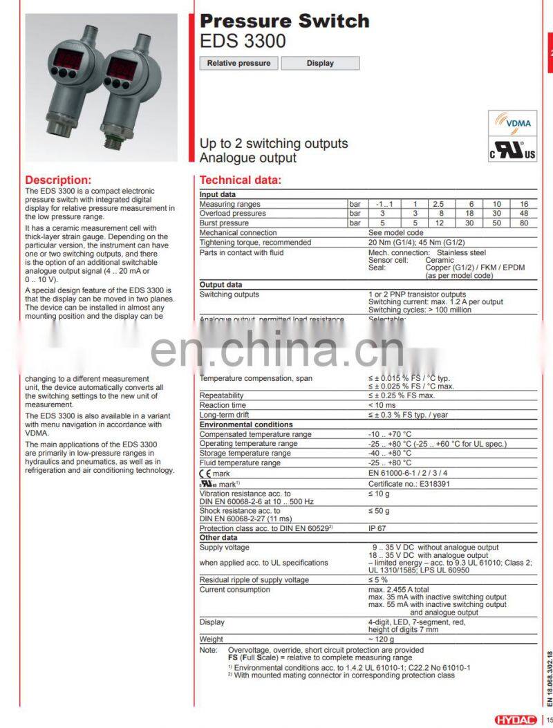 Original HYDAC hydraulic temperature sensor ETS386-3-150-000