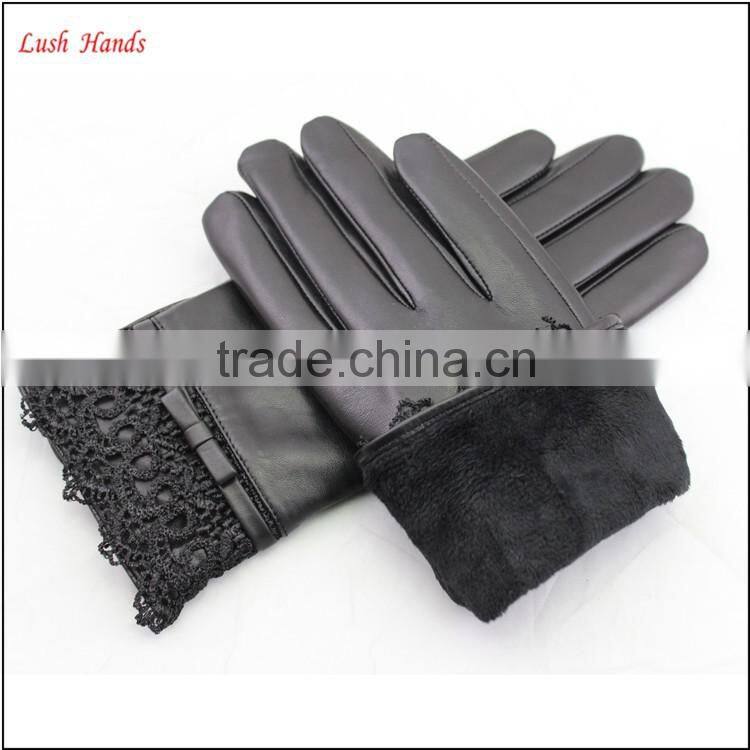 ladies sheepskin leather hand gloves with lace black