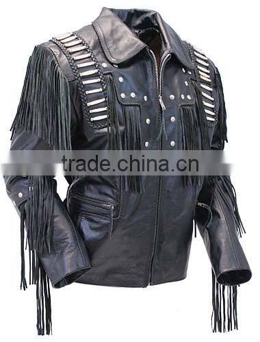 2015 New fashion Bones And Braids Fringed Leather Jacket for mens motorbike leather jacket