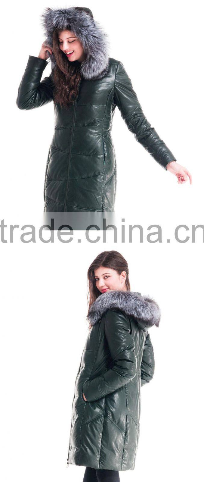 Winter Women Medium Length Slim Fit Leather Coat With Silver fox Hat Overcoat