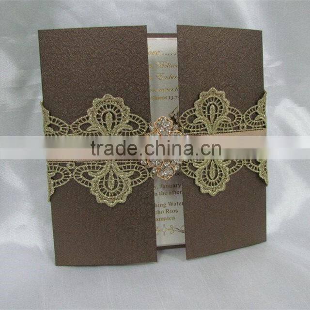Dignified brown lace folio wedding invitation cards