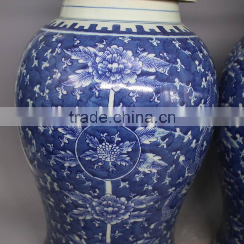 Large decorative temple jar chinese blue and white ginger jar with floral painting