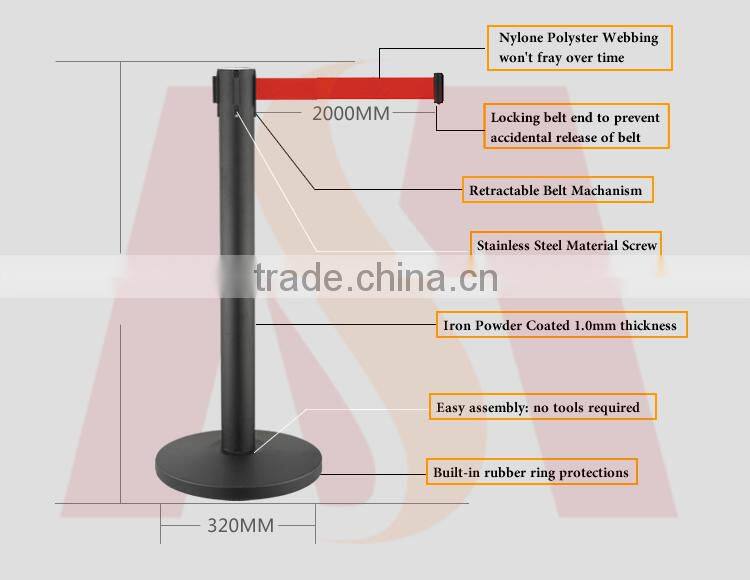 Black Steel Length 2M Single Line Crowd Control Post