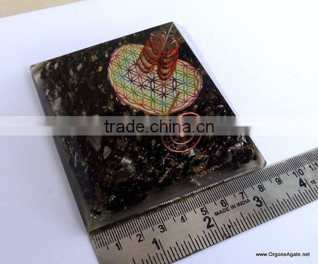 Quality Big Orgonite Black Tourmaline Pyramid With Flower Of Life Symbol With Crystal Point | Healing Pyramid