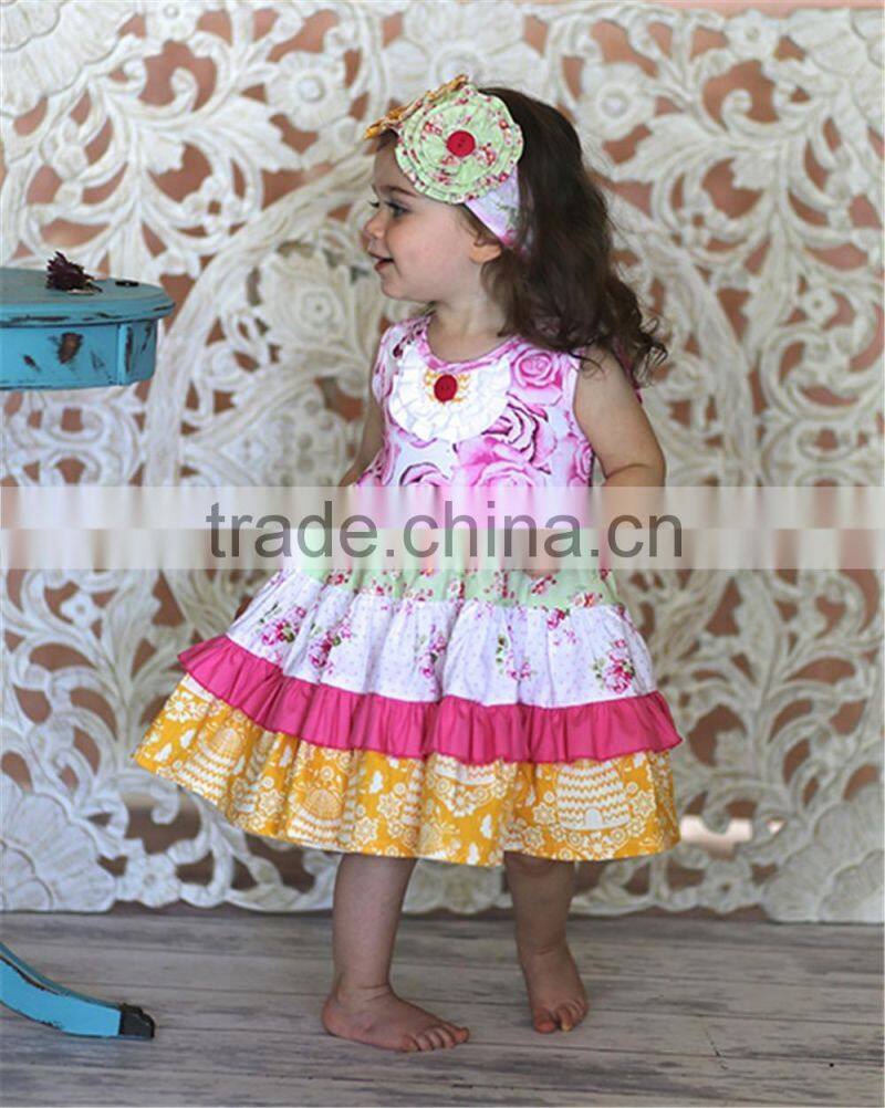 2016 newest fall children long sleeve dress boutique floral print multicolors ruffles lap dress outfits