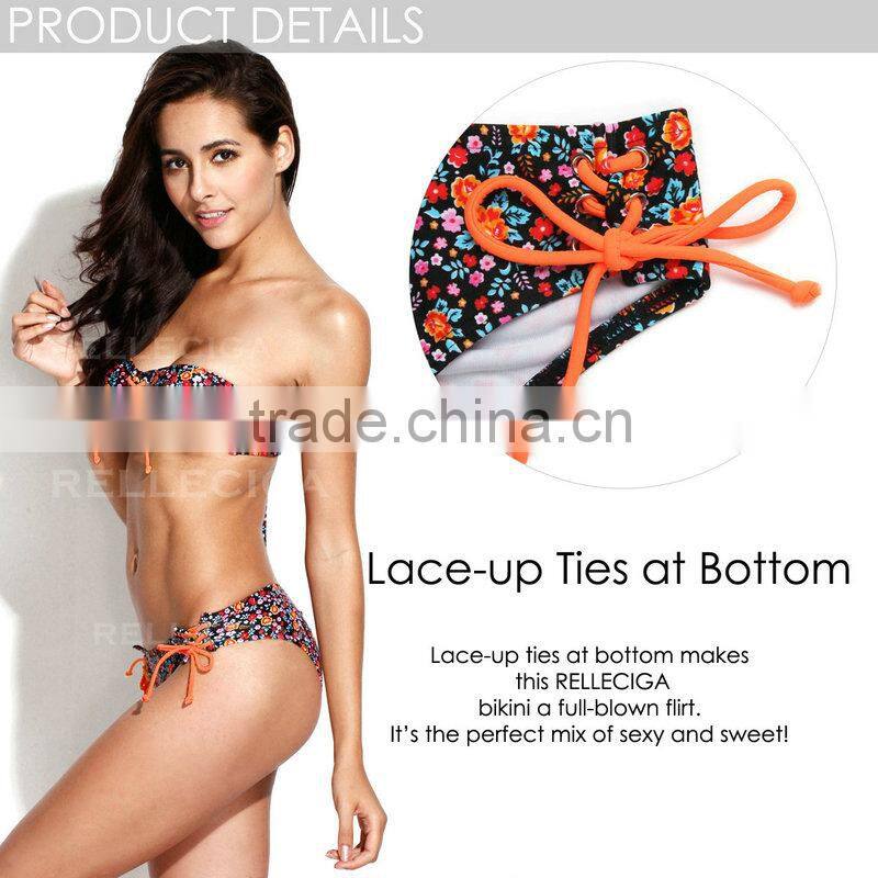 2016 RELLECIGA - Orange Dream FloralSwimwear with Lace-up Front &Brazilian Cut Scrunch Butt