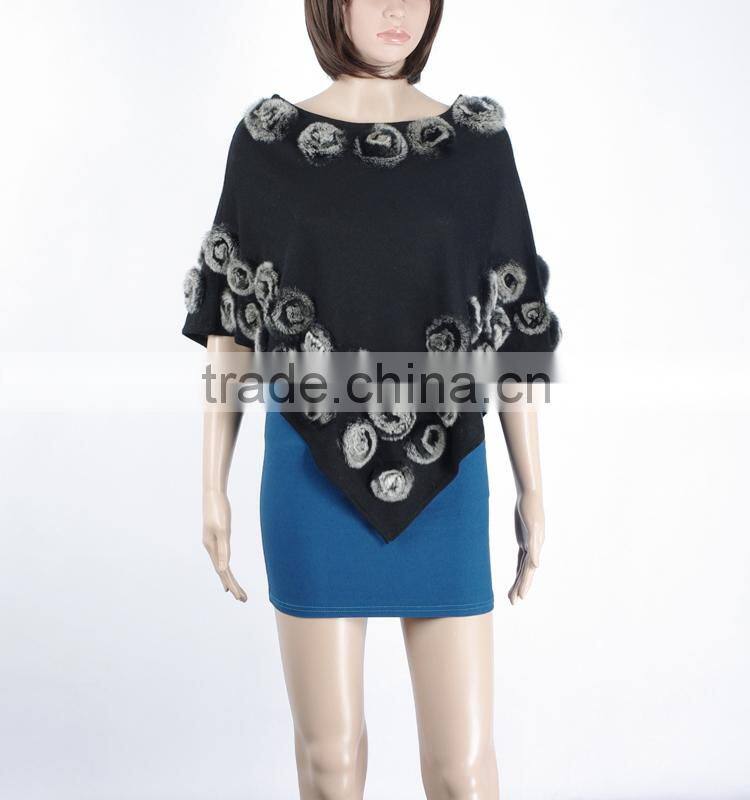 Ladies wool knitting cape with rabbit small flowers,KZ150018