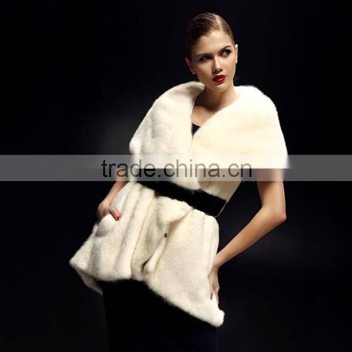 2016/2017 Newest Design Long Style Women Winter Natural White Whole Skin Mink Fur Vest with Sleeveless and Big Turnover Collar