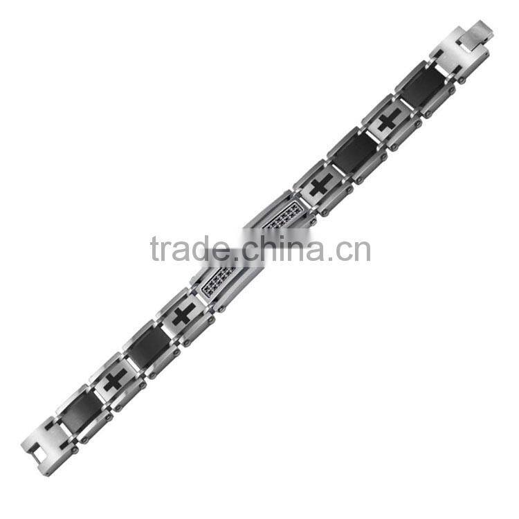 Stainless Steel Bracelet - black platted cross ID bracelet with CZ and words "DAD" on it