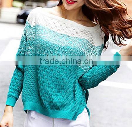 Ladies' boat neck raglan long sleeve pullover tuck knitted sweater with dip dye hot new products for 2016 usa