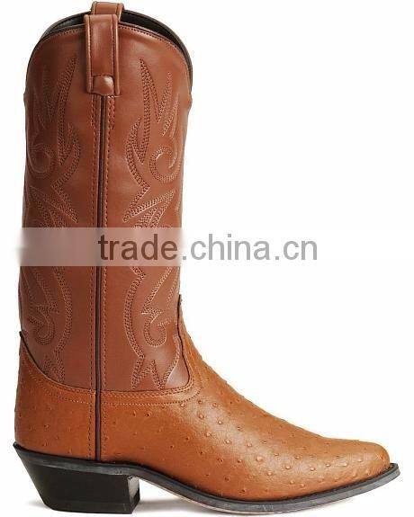 black wine brown smooth leather fancy stitched western Ostrich print cowboy boots wholesale