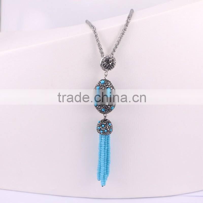Pave Rhinestone with Crystal Tassel Pendant Stone Chain Necklace, Gem Druzy Pendant, Druzy Tassel Necklace