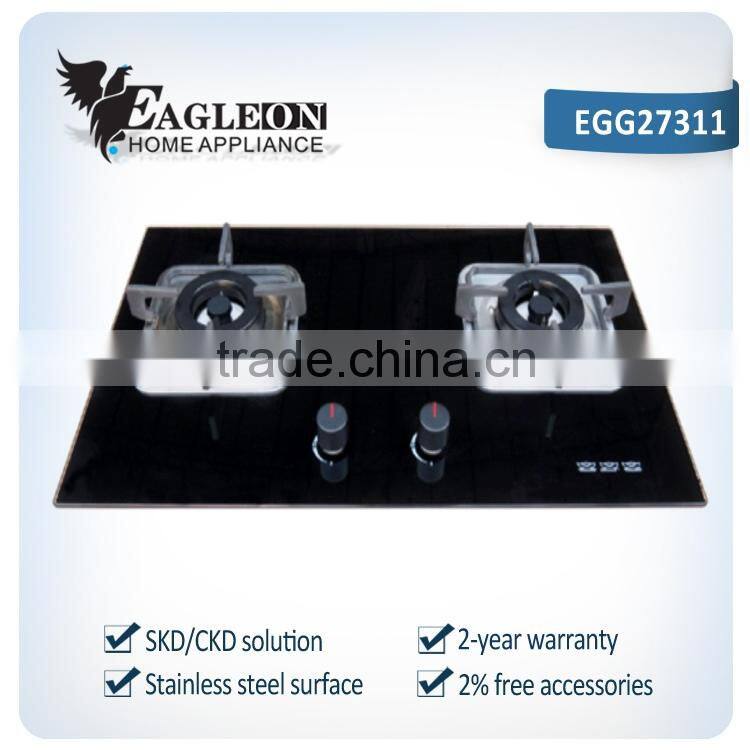 EGG27311 73cm temper glass built-in 2 burner gas hob/ gas cooker/ gas stove, double brass burners, copper gas pipe