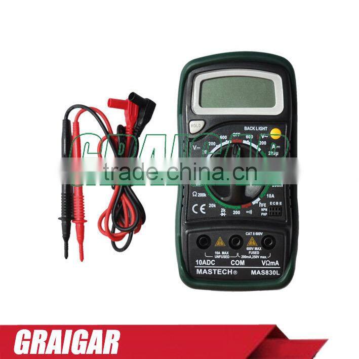 LCD Display Mastech MAS830L Mini Handheld Digital Multimeter DC Current Tester Backlight Data Hold Continuity Diode hFE Test