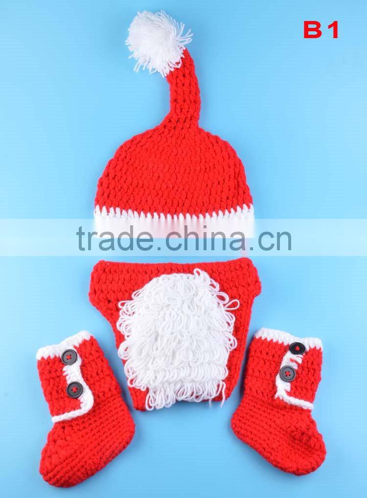 Crochet Christmas Costume Hat&Diaper/Pants Set Newborn Baby Photo Props Toddler Santa Photography Props