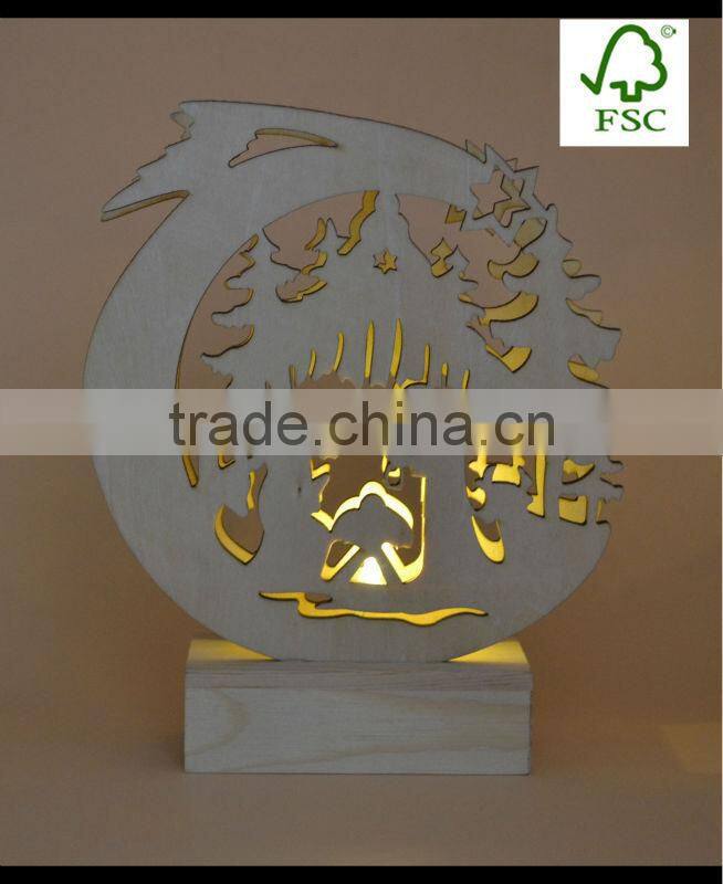 new design customed Christmas wooden laser cutting with light