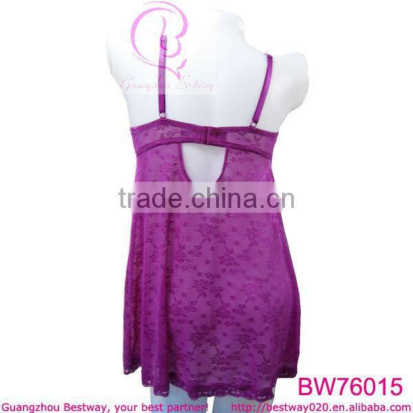 Very sexy hot back v hollow out shiny purple floral lingerie babydoll