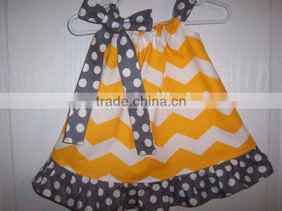 Children's yellow chevron and polka dot hem girls pillowcase dresses with ribbon childrens boutique clothing