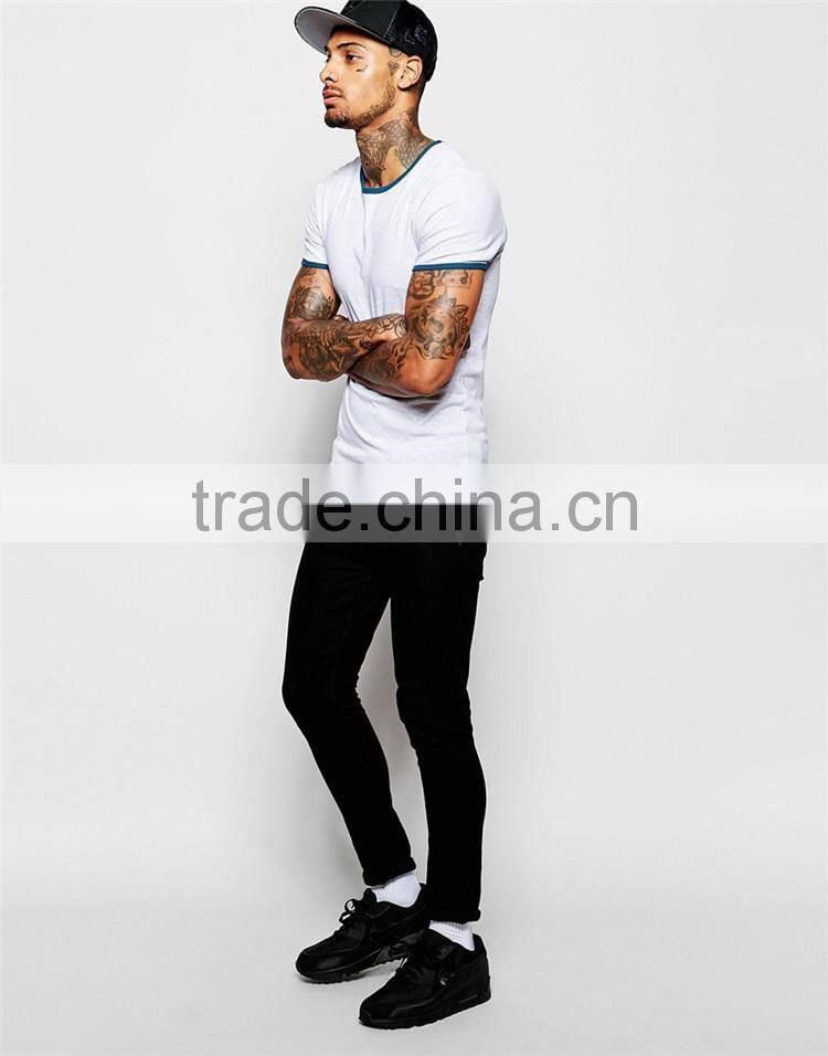 Custom mens contrast ringer neck t shirt stretch muscle fit cotton t shirt