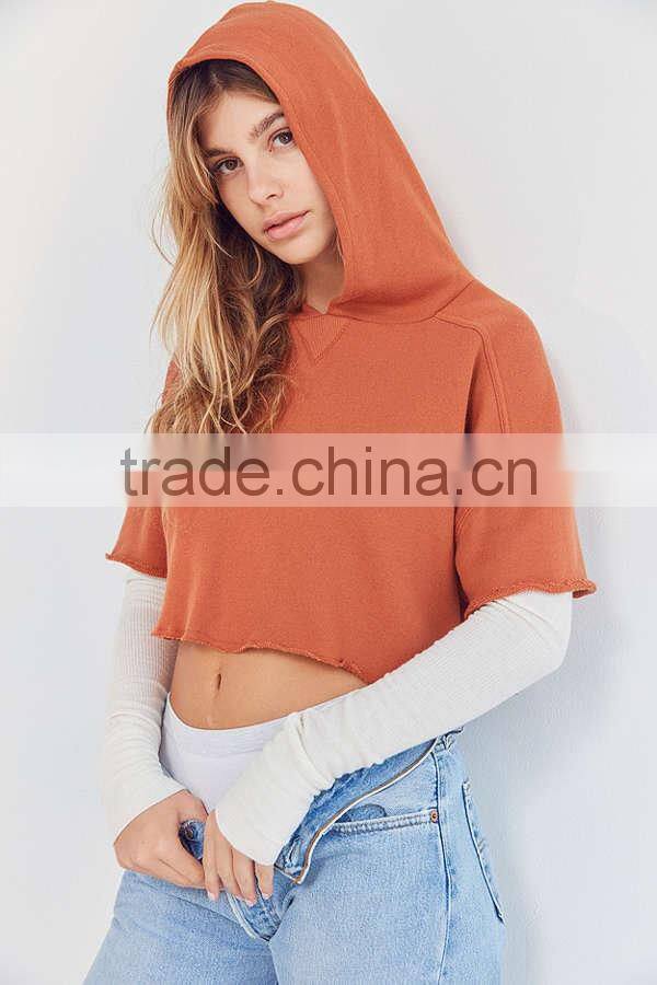 2017 MGOO Raw Edged Sweatshirt With Hood Double Layered Sleeve Custom Cotton Terry Crop Hoodies