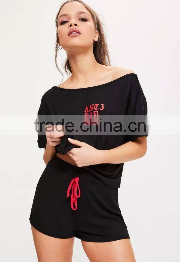 Black Printed Short Pyjama Set Boat Neck Logo T-Shirt With High Waist Running Pants Home Sleepwear