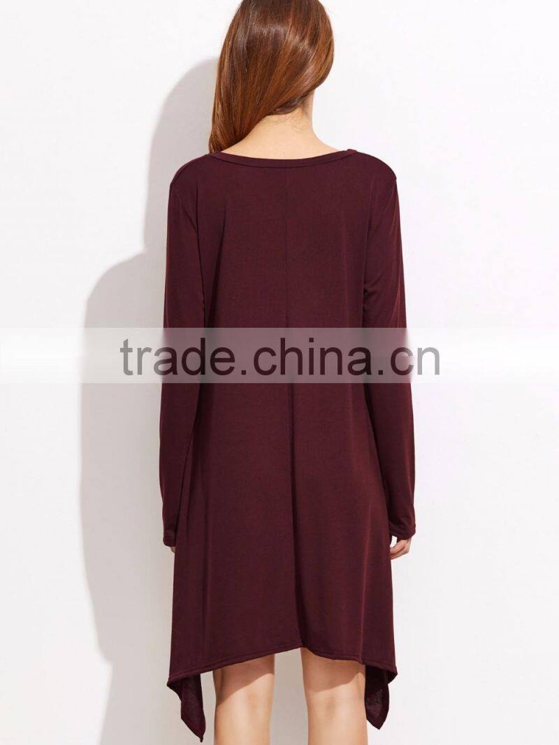 Burgundy Dip Hem Tee Dress With Long Sleeve Polyester Spandex Casual Plain Boat Neck High Low Hem Short Dress