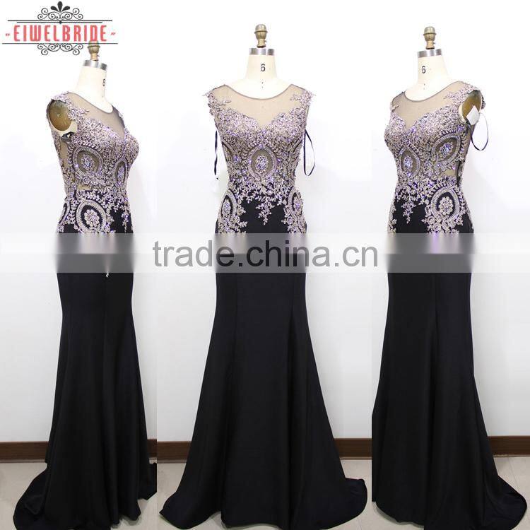 Long Floor-length Black Lace Beaded Bridal Dress