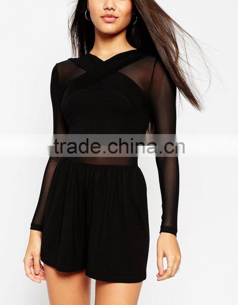 Sexy cross front mesh insert jersey romper fashion adult romper pattern
