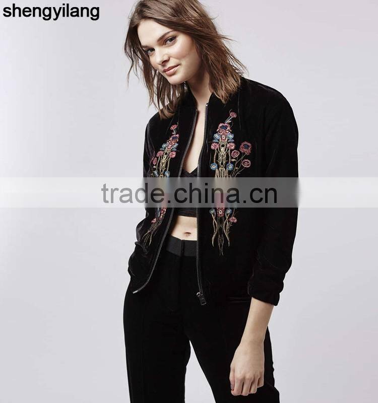 Wholesale custom women jacket, high quality Velvet Embroidered Bomber Jacket in guangzhou