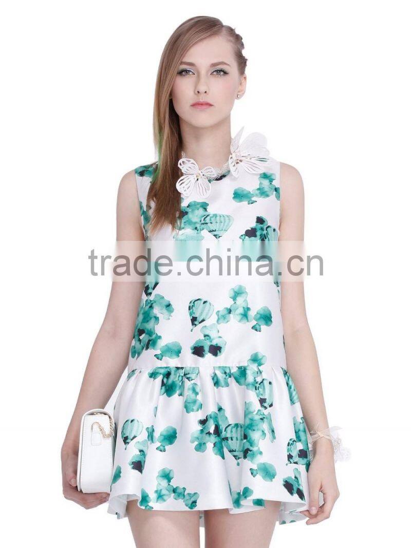 Girls full printing falbala sleeveless Peplum dress