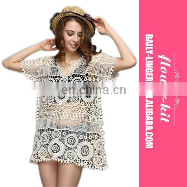 Women White Tassel Shirt Tunic Boho Dress Summer Girls Hollow Blusas Bikini Cover Up