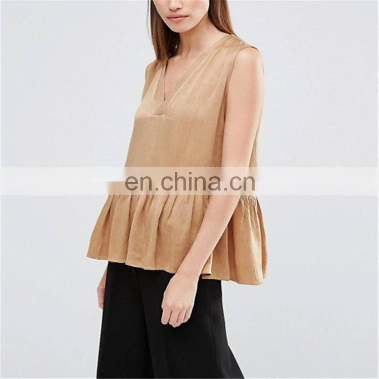 V neck yellow girl sleeveless pleated clothes women t shirt wholesale china woman blouse