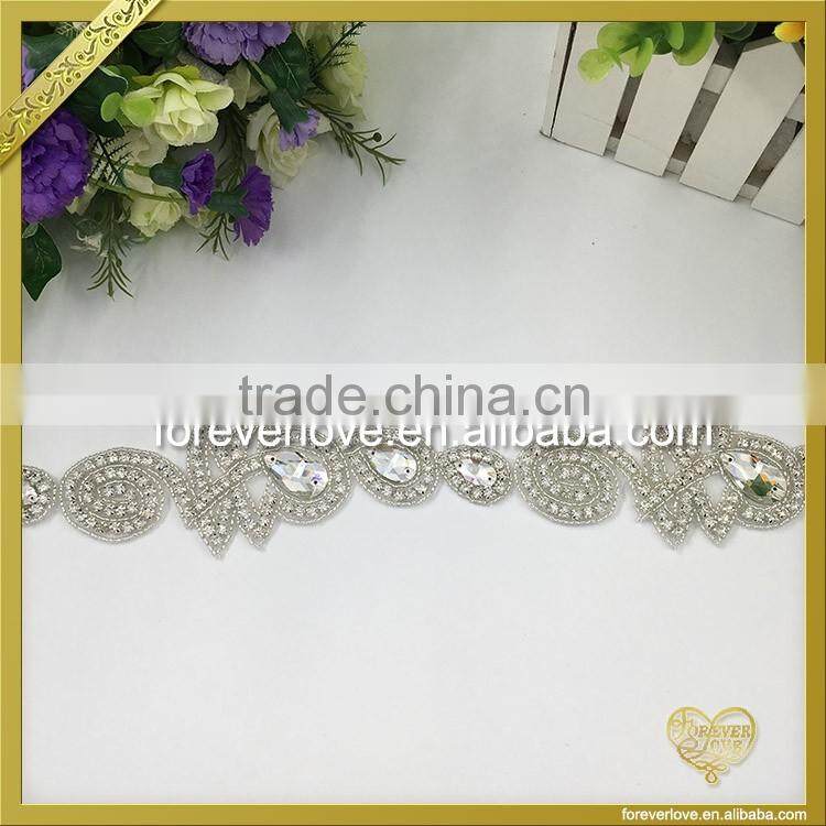 Custom wholesale crystal rhinestone iron on applique for bridal sash garter FRA-088