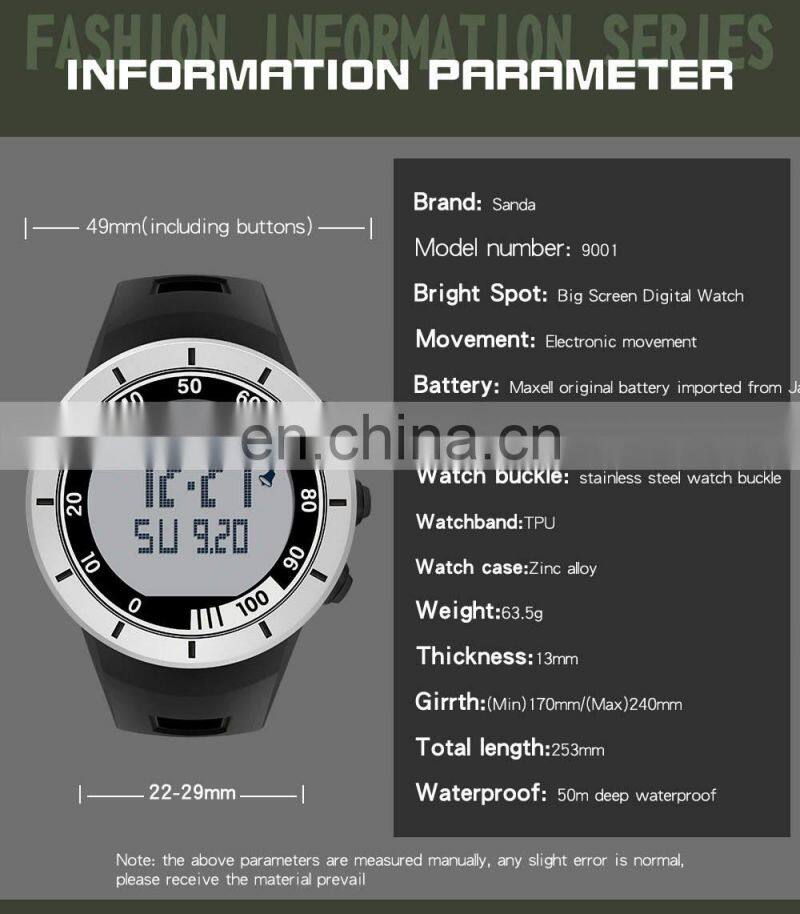 SANDA 9001 Men Watch Luxury Large Dial Digital Watches Electronic Wristwatches digital watches sanda