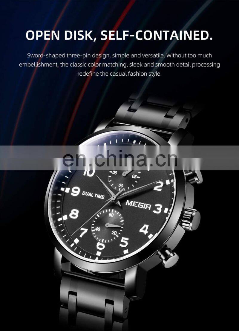 MEGIR 2160 Fashion Leather Stainless Steel Waterproof Chronograph Sport Wrist Watches Quartz Watch Man