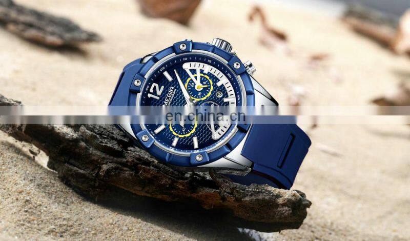 MEGIR 2083G Men's Fashion&Casual Watch Quartz Movement Leather Band Business Watch Auto Date 24-hours Hand Led Silicon Watch