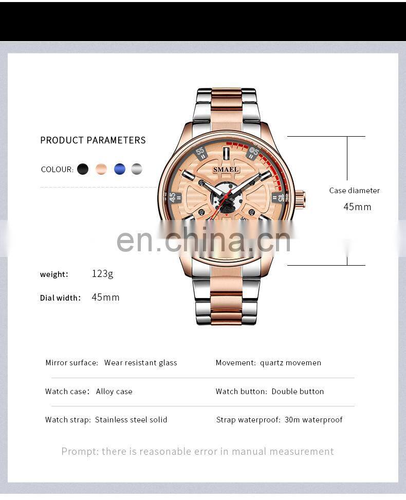 SMAEL 9180 Quartz Watch For Men SMAEL Golden Watches Waterproof Auto Date Male Clock Analog Stainless Steel Watches
