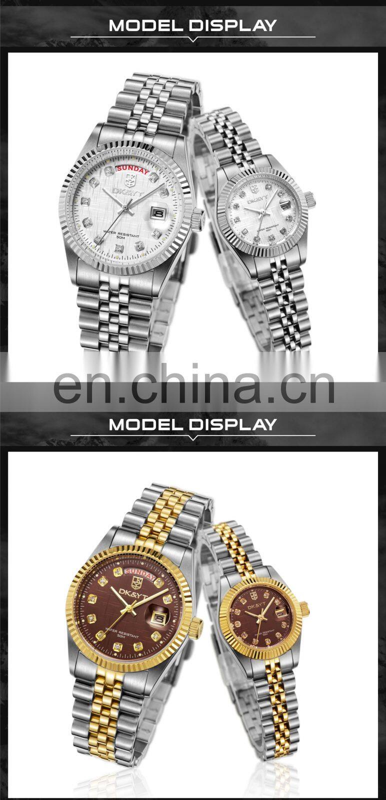 DK&YTMarried 2 Tones Couple Watches Stainless Steel Quartz Analog Lover's Diamond Numeral Pair Wristwatch