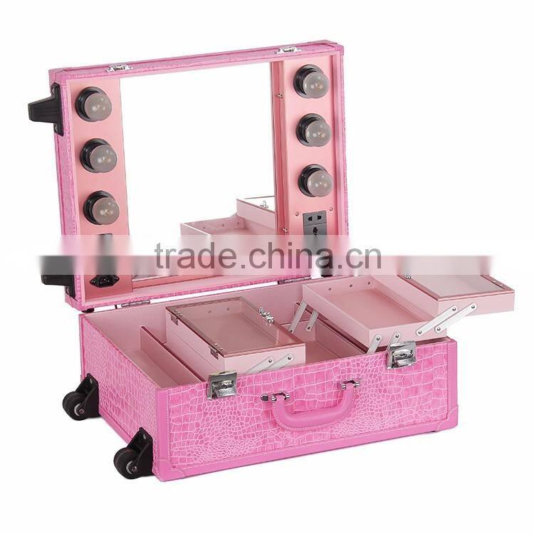 professional beauty box rolling makeup vanity case with lights and drawer