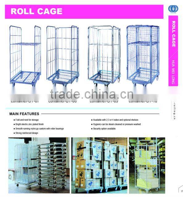 Foldable logistic warehouse steel wire rolling cage cart