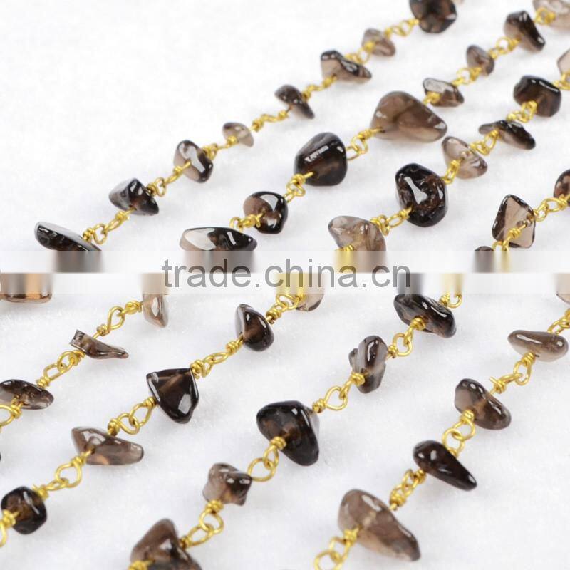 2016 wire wrapped gemstone beaded rosary chain wholesale smoky quartz beaded chain for necklace design