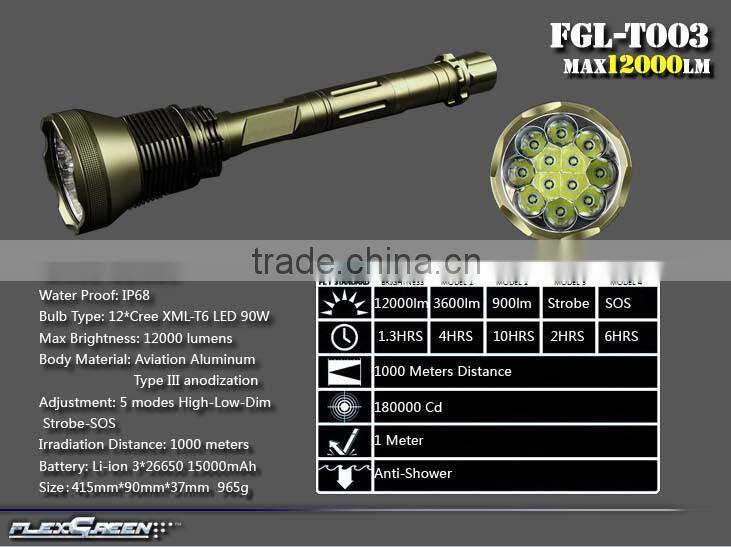 Flexgreen 90w 12000lm high 12 xml T6 12000-lumen led flashlight