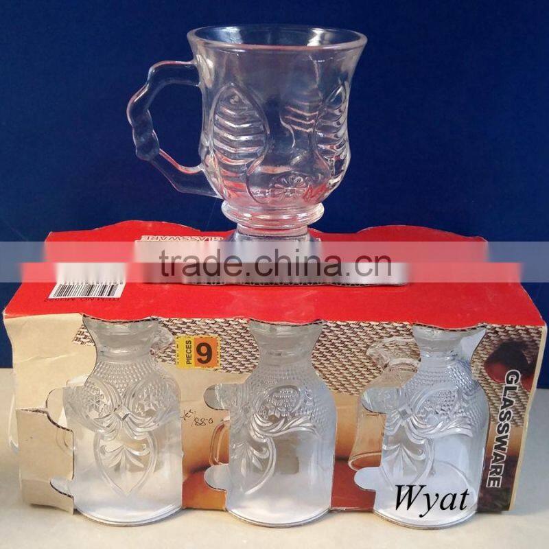 cheap 120ml 4oz embossed flower glass tea drinking cups with handle