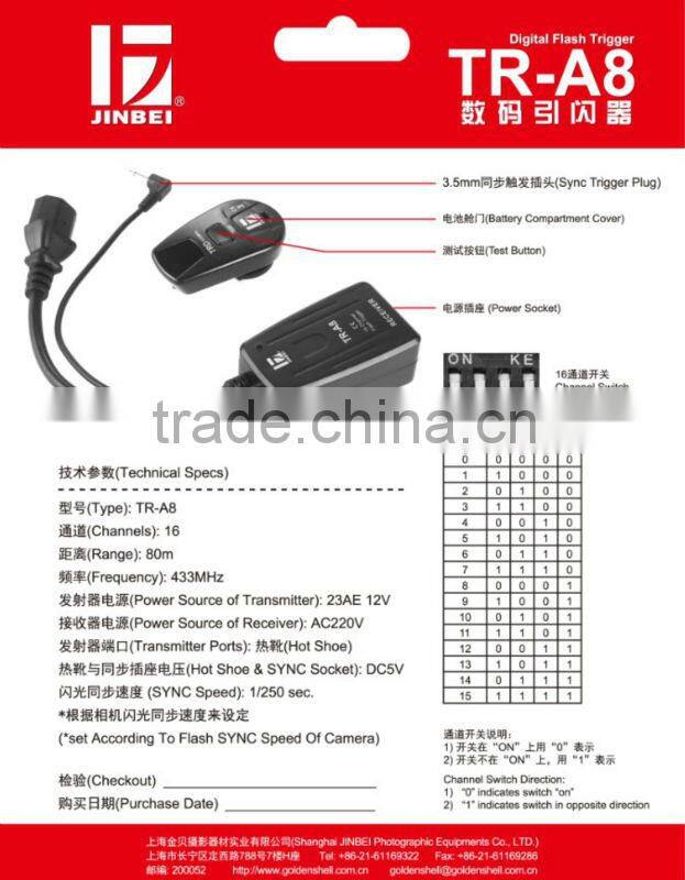 JINBEI New TR-A8 Digital Photo Flash Trigger, Photo Studio Flash Accessory, Photographic Equipment