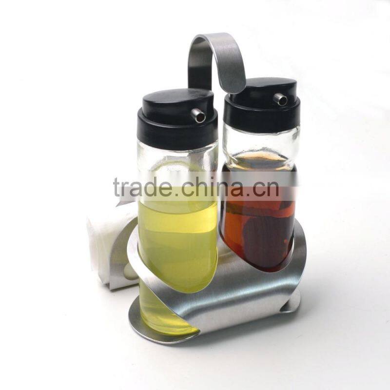 glass cruet bottle vinegar oil condiment set metal holder
